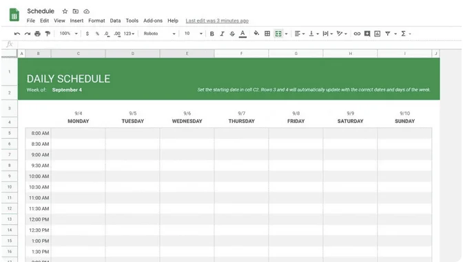 Google Sheets "Daily Schedule" template with the days of the week as columns and half-hour time slots