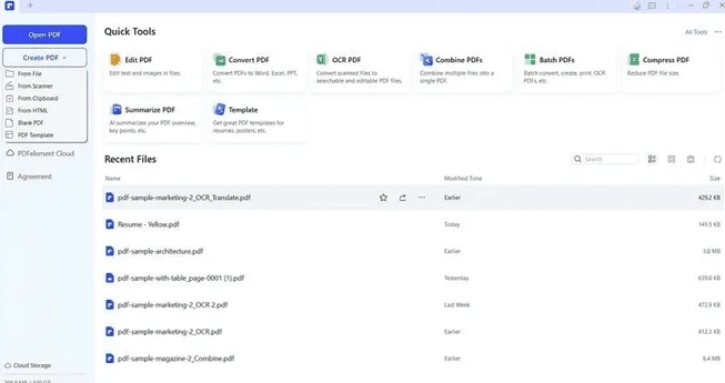 PDFelement home screen with quick tools (Edit, Convert, OCR, Combine PDF) and a list of recent PDF files