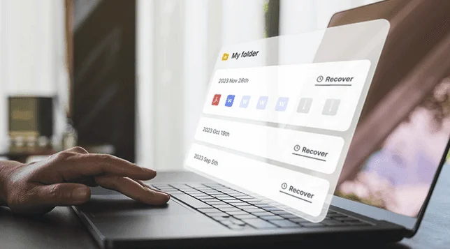 Folder history panel with Recover buttons for three dates, floating over a laptop