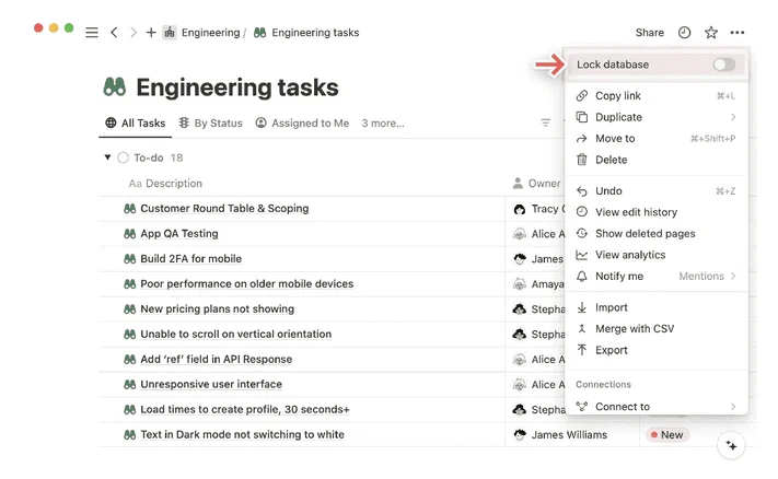 Notion "Engineering tasks" database with its menu open and an arrow pointing to the Lock database option