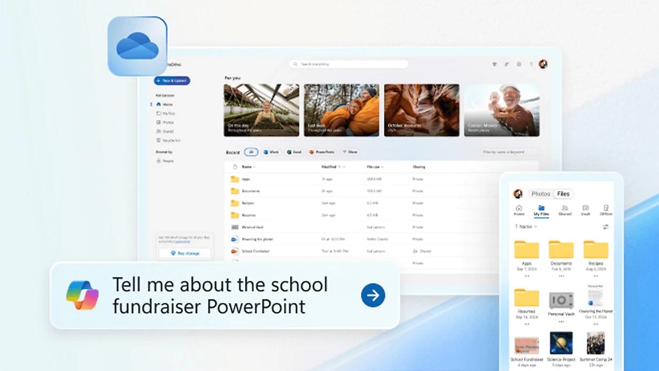 OneDrive on desktop and mobile with a Copilot prompt: "Tell me about the school fundraiser PowerPoint"