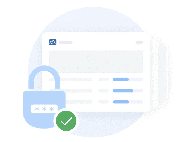 Filemail illustration: a padlock with a password and a check mark in front of a transfer page