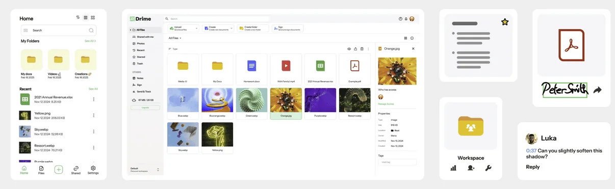 Drime on mobile and web with a file grid and details panel, plus cards for workspaces, PDF signing and comments