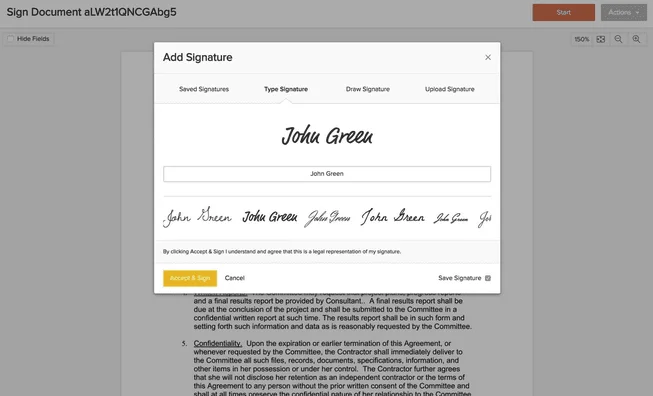 Xodo Sign “Add Signature” window with a typed signature and several handwriting styles over a contract