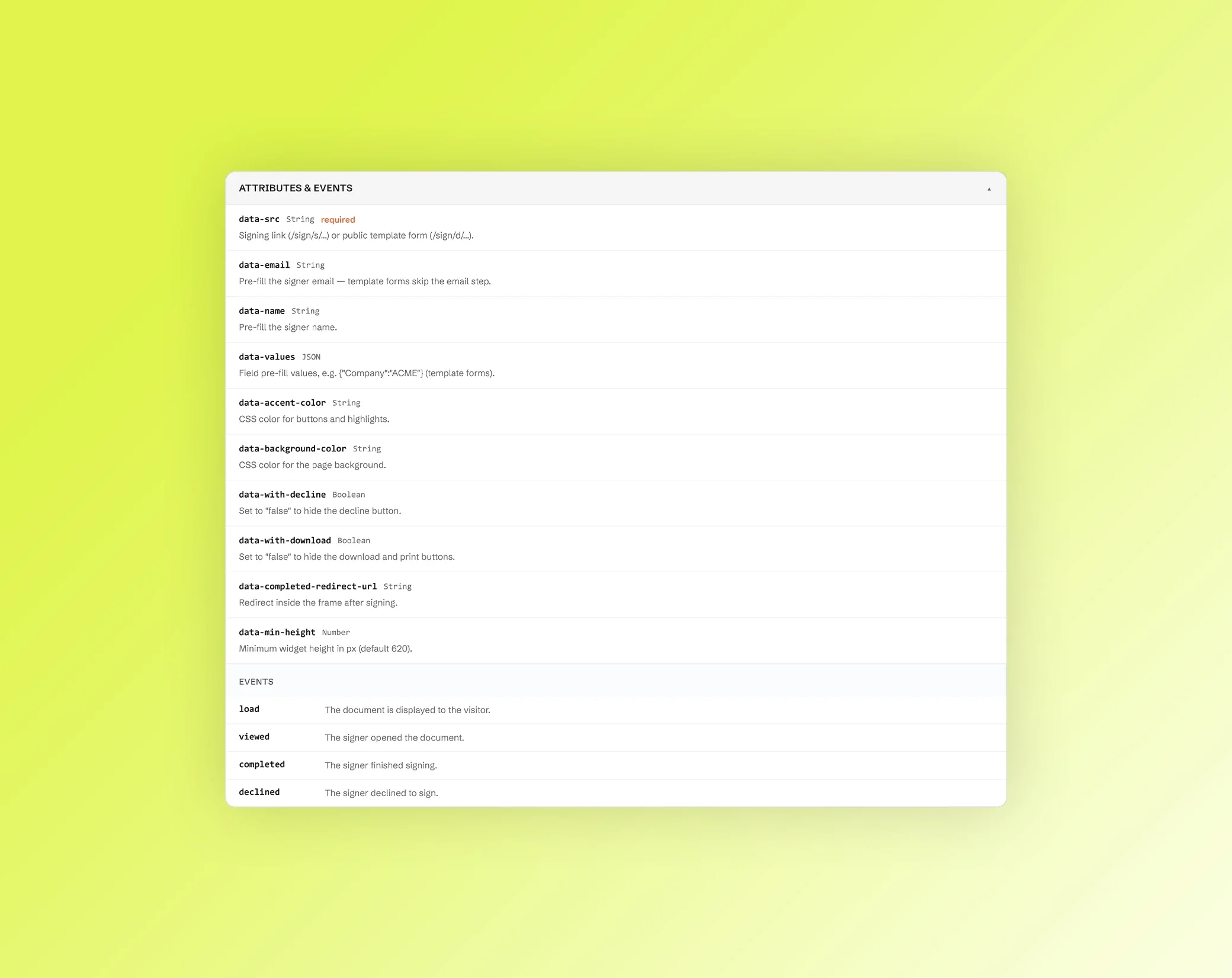 Referenz der Data-Attribute des Sign-Widgets, etwa data-src und data-accent-color, und seiner Ereignisse