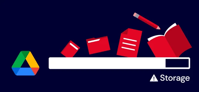 Logo Google Drive à côté d'une barre de stockage presque pleine avec un avertissement Storage