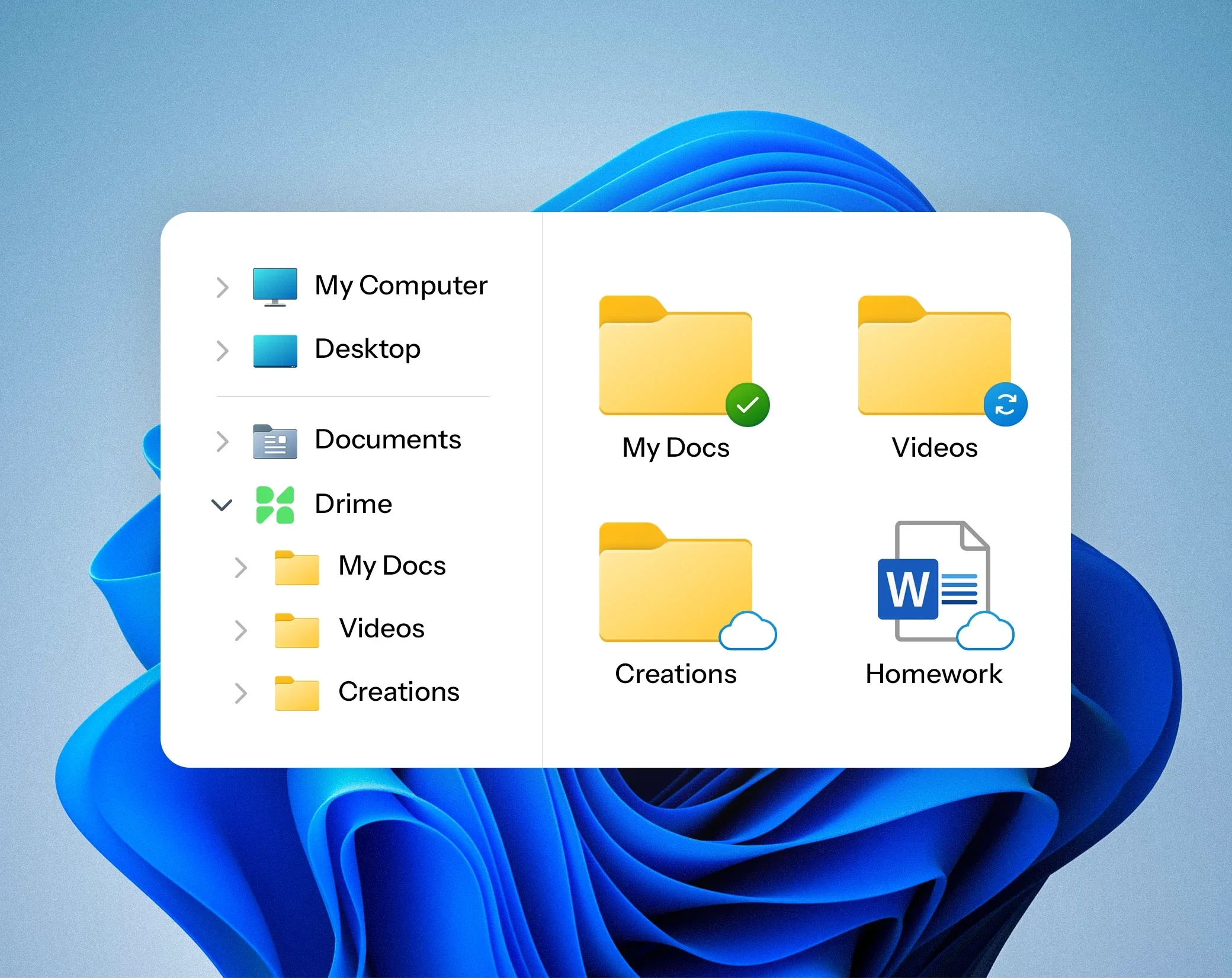 Drime-Ordner im Windows-Datei-Explorer mit Dateien auf dem Computer, in der Synchronisierung oder nur online