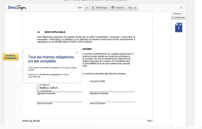 Signature d'un contrat de bail dans DocuSign, avec un message indiquant que tous les champs obligatoires sont remplis