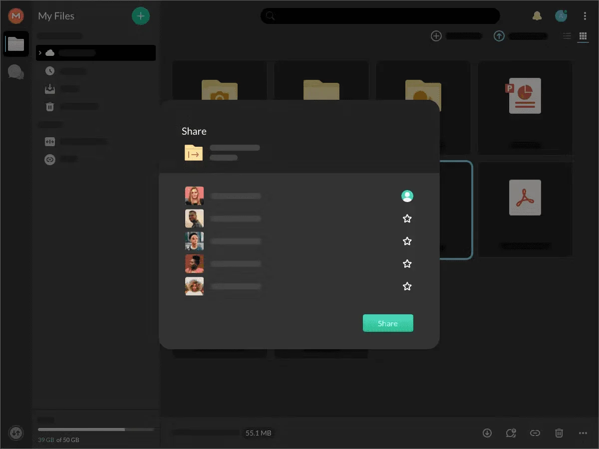 MEGA file manager in dark mode with a Share dialog listing contacts for a folder