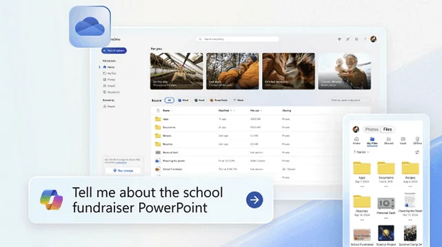 OneDrive sur ordinateur et tablette, avec photos, fichiers récents et une question à Copilot sur un PowerPoint