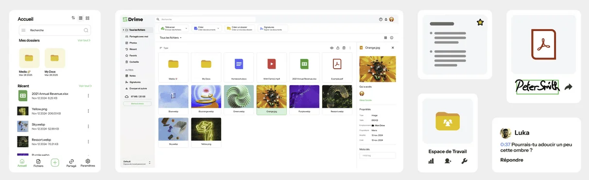 Drime sur mobile et web : accueil, gestionnaire de fichiers avec détails, espace de travail, PDF signé et commentaire