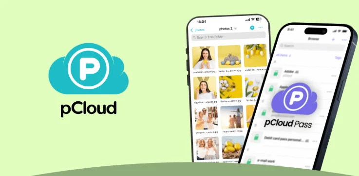 pCloud logo beside two phones showing a photo folder and the pCloud Pass app