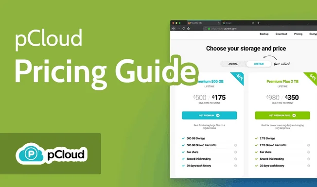 Bannière pCloud Pricing Guide avec les offres à vie : Premium 500 Go à 175 $ et Premium Plus 2 To à 350 $