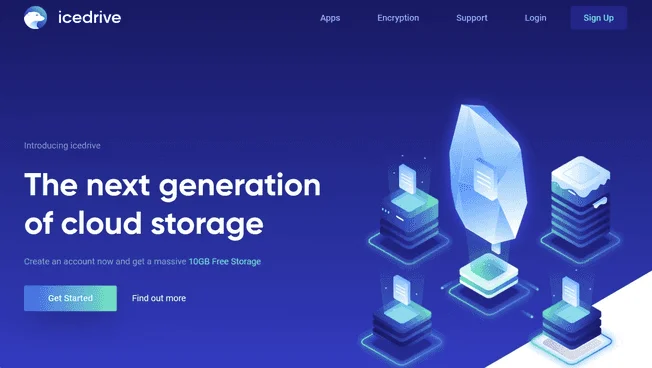 Icedrive homepage "The next generation of cloud storage" offering 10GB of free storage at sign-up