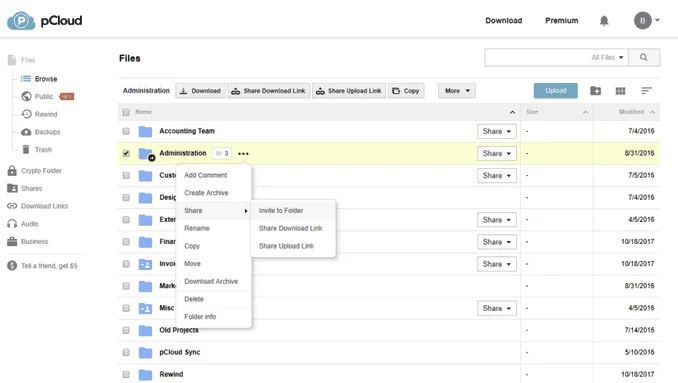 Fichiers pCloud, menu d'un dossier ouvert sur Share : Invite to Folder, Share Download Link, Share Upload Link