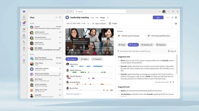 Microsoft Teams meeting recap with the call recording, a speaker timeline and AI-generated notes