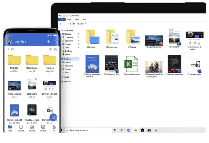 OneDrive files on a phone and in Windows File Explorer on a laptop