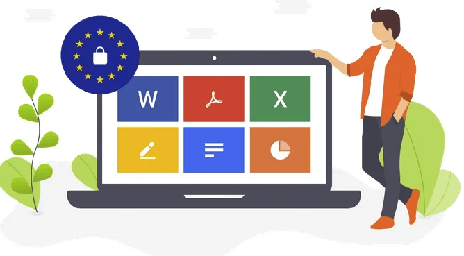 Person next to a laptop showing document app tiles, with a padlock on an EU flag