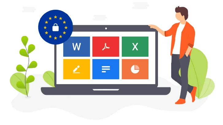 Personne près d'un ordinateur portable affichant des documents, avec un badge cadenas aux couleurs de l'UE