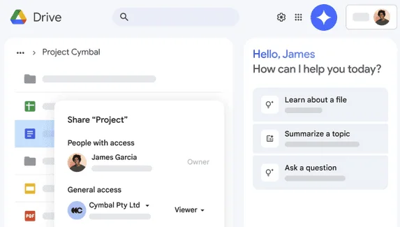 Google Drive avec la fenêtre de partage d'un dossier de projet et un panneau d'assistant IA