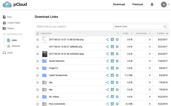 Page Download Links de pCloud listant fichiers et dossiers partagés avec trafic, téléchargements et date de création