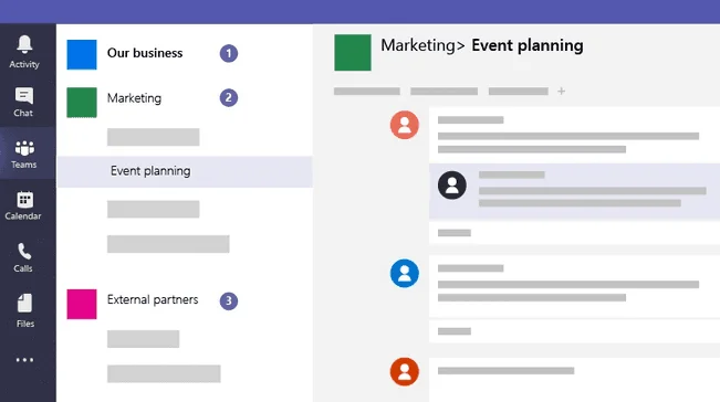 Microsoft Teams with team channels such as Marketing > Event planning and a conversation thread