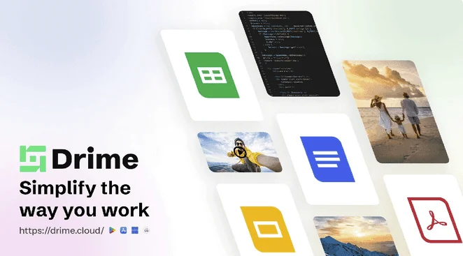Bannière Drime « Simplify the way you work » avec des icônes de types de fichiers et des photos
