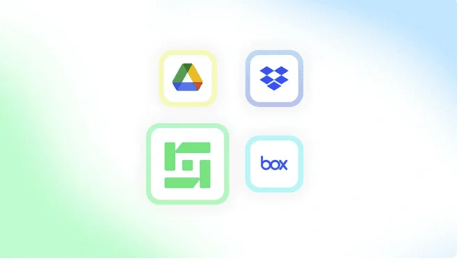 Icônes de Google Drive, Dropbox, Box et Drime, celle de Drime mise en avant