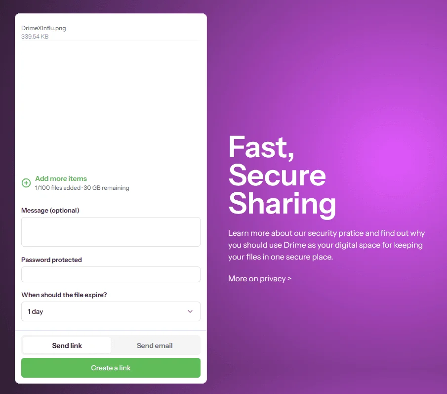 Drime transfer form with one file added, message, password and expiry fields, and a Create a link button
