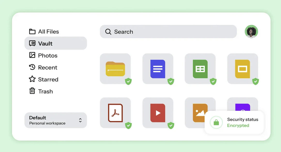 Drime Vault view with shield-marked files and a "Security status: Encrypted" badge