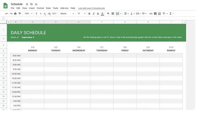 Feuille Google Sheets avec un modèle d'emploi du temps hebdomadaire, jours en colonnes et créneaux d'une demi-heure