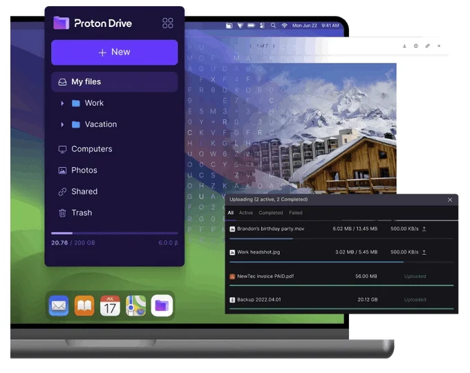 Proton Drive sur un Mac avec My files, l'aperçu d'une photo et un panneau de progression des envois