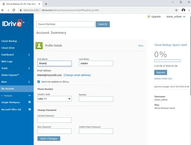 IDrive web account page with profile details, password fields and cloud backup space used