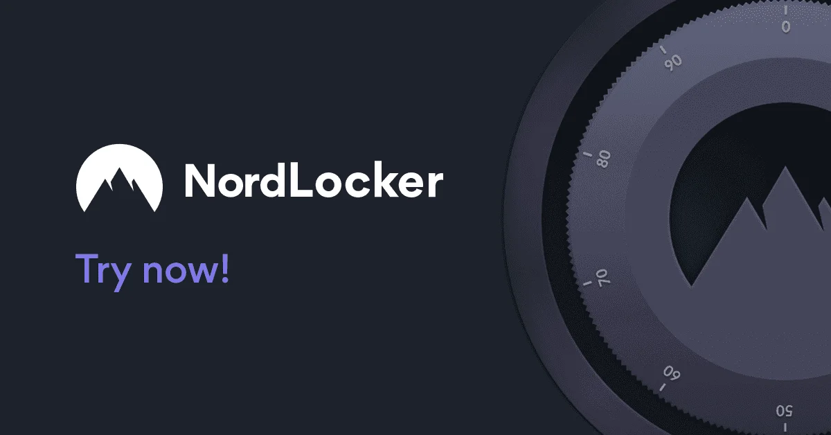 Logo NordLocker avec la mention « Try now! » à côté d'un cadran de coffre-fort