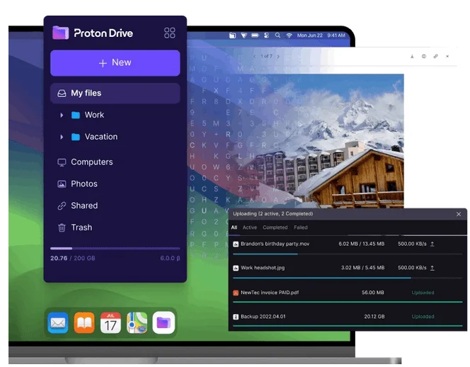 Proton Drive desktop app with My files folders and an upload panel listing files in progress