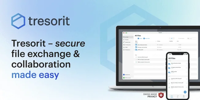 Tresorit banner "secure file exchange & collaboration made easy" with its app on a laptop and a phone