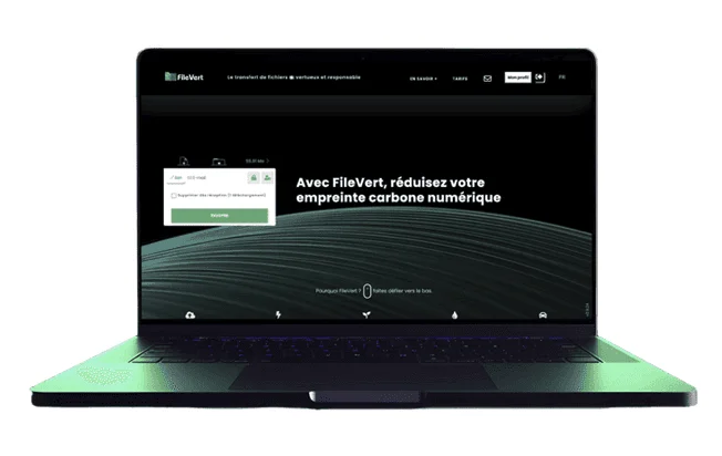 Accueil FileVert sur un portable : « Avec FileVert, réduisez votre empreinte carbone numérique », avec le formulaire d'envoi