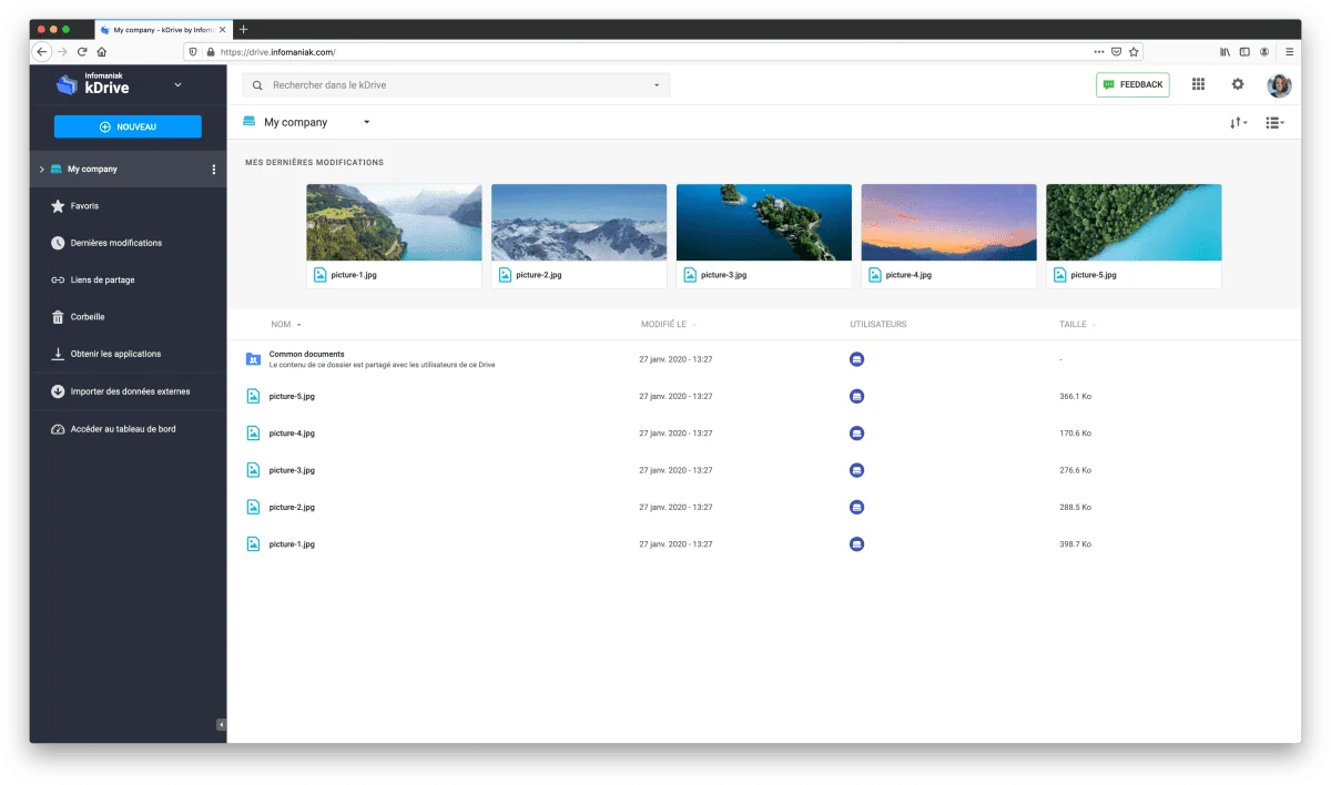 kDrive web app in French with recently modified photos and a shared company folder