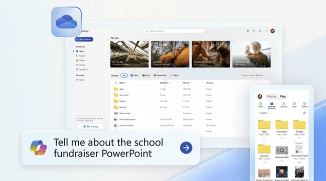 OneDrive on desktop and mobile showing photos and recent files, with a Copilot prompt about a PowerPoint
