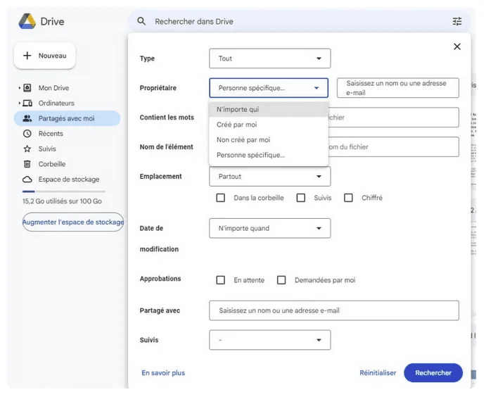 Recherche avancée de Google Drive avec filtre par propriétaire, la section Partagés avec moi étant sélectionnée