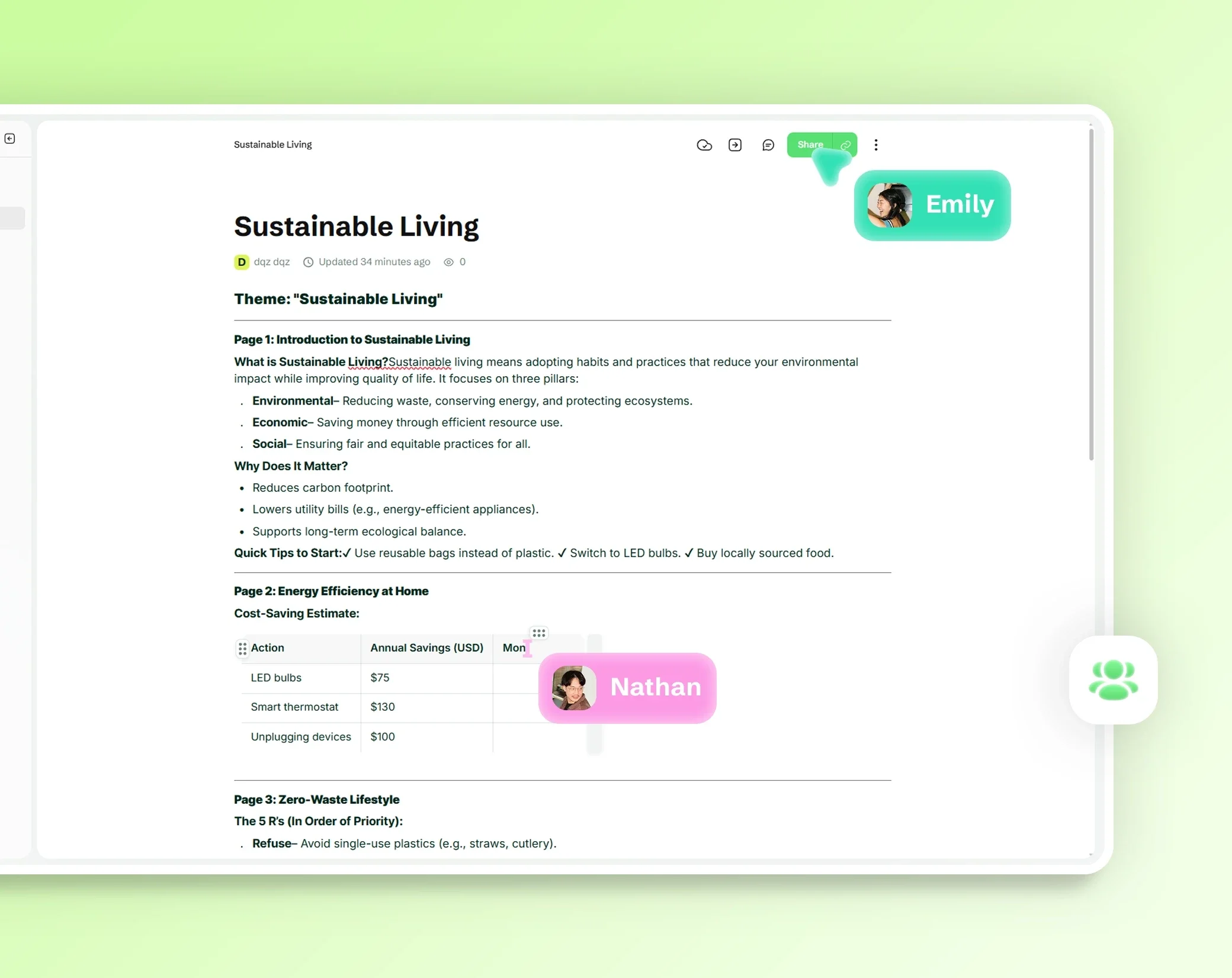 Seite Sustainable Living, gleichzeitig von zwei Mitarbeitenden in Drime Pages bearbeitet