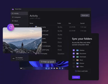Application de bureau Proton Drive avec la liste Activity et une fenêtre Sync your folders pour choisir les dossiers