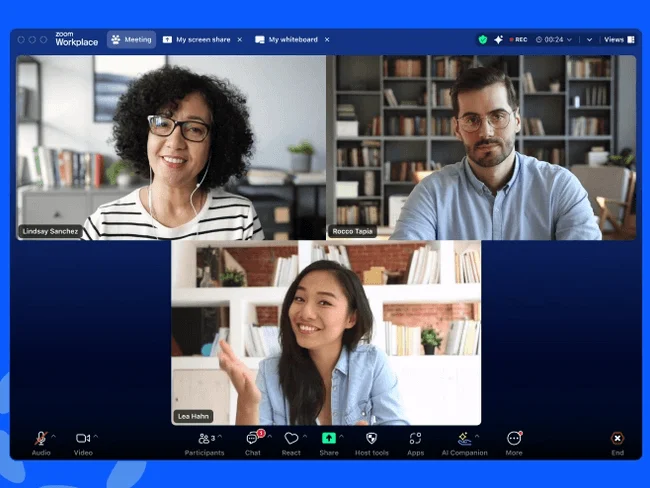 Réunion vidéo à trois participants dans Zoom Workplace, avec la barre d'outils en bas