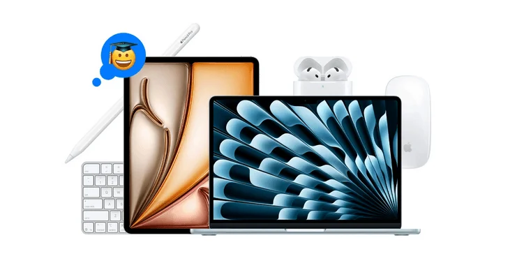 Appareils Apple pour étudiants : iPad, MacBook, AirPods, Magic Mouse, clavier et un emoji à toque de diplômé