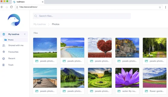 Icedrive web app showing a Photos folder with landscape photo thumbnails
