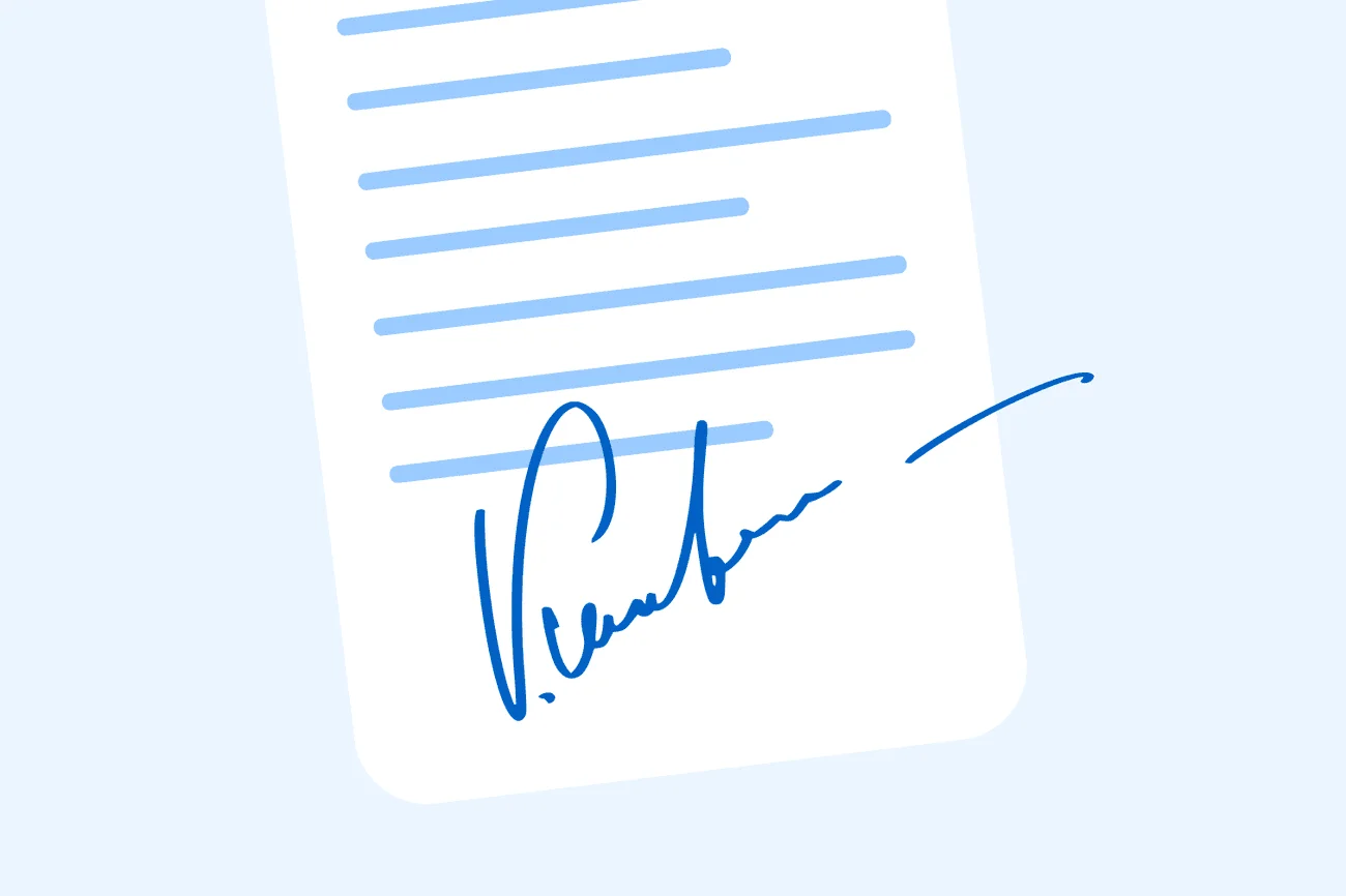 Document with a handwritten blue signature