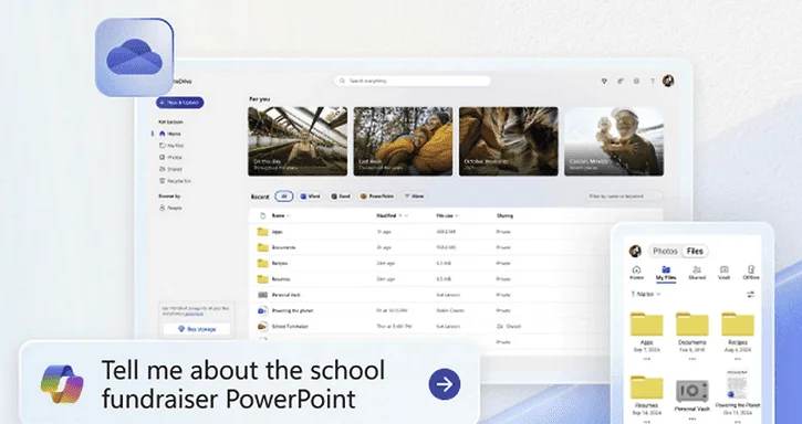 OneDrive sur ordinateur et mobile avec fichiers récents et dossiers, et une requête Copilot sur un PowerPoint