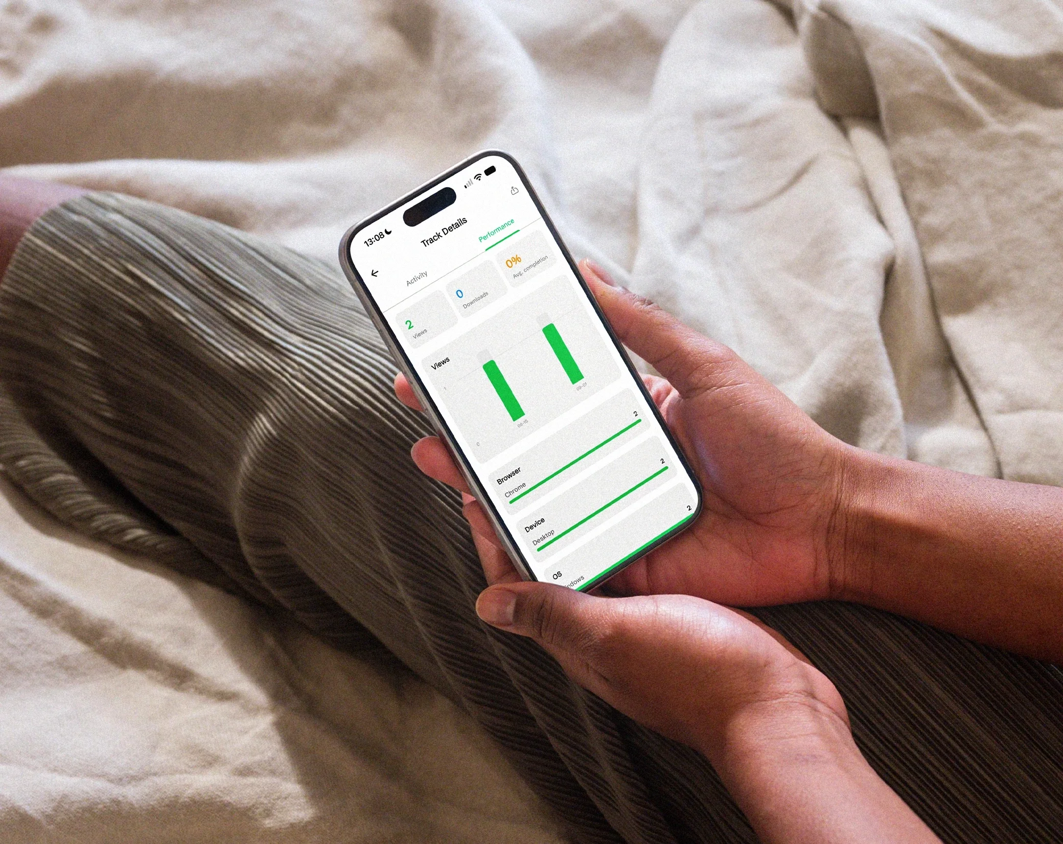 Smartphone mit den Details von Senden & Verfolgen zu einem geteilten Link, mit Diagrammen zu Aufrufen und Besuchern