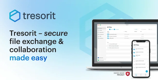 Tresorit banner reading "secure file exchange & collaboration made easy", with the app on a laptop and a phone