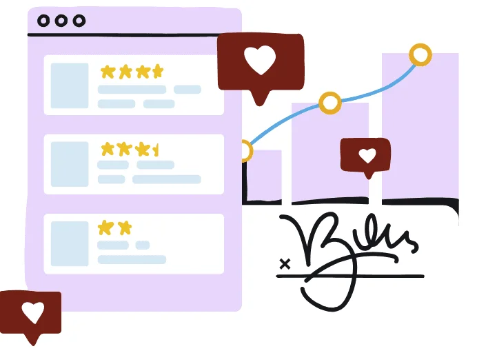 Star-rated reviews, a rising chart and a handwritten signature